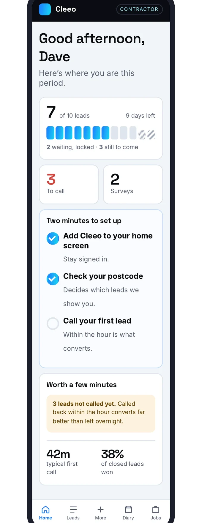 Cleeo app, home tab — Your leads this period
