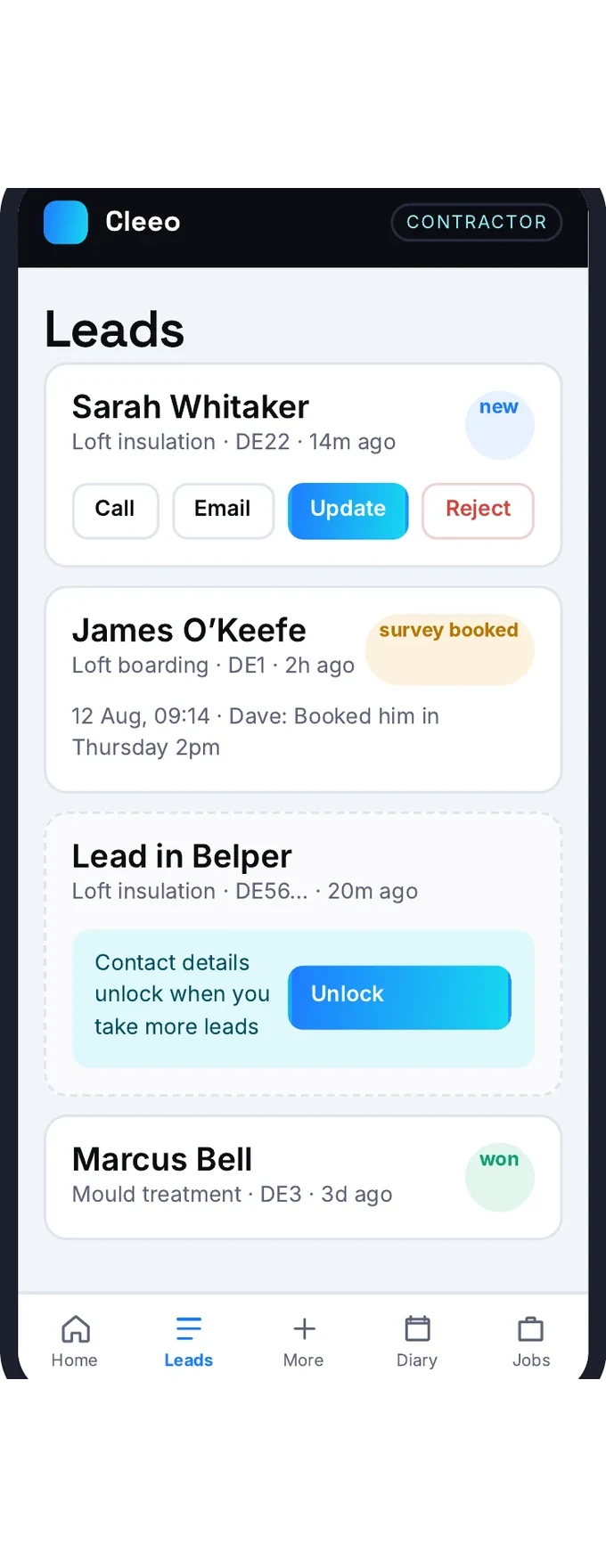 Cleeo app, leads tab — Every enquiry, one tap from a call