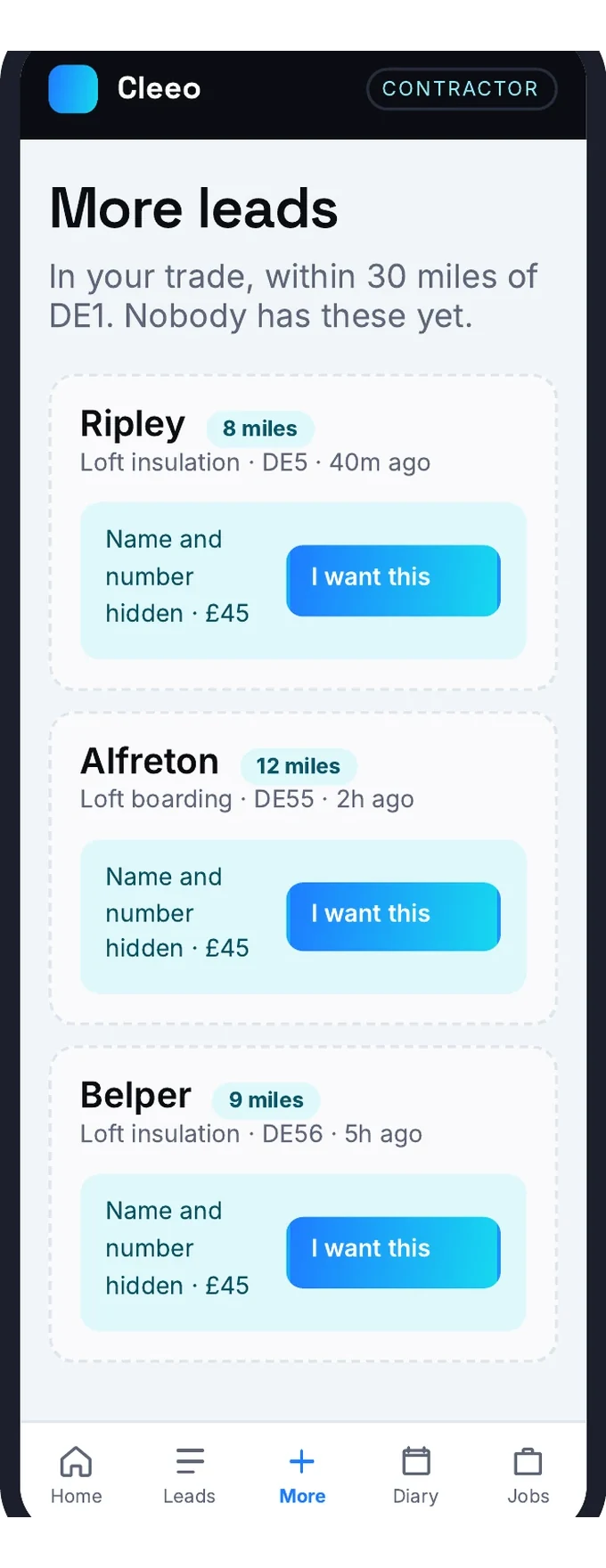 Cleeo app, more tab — Leads they can see but not touch