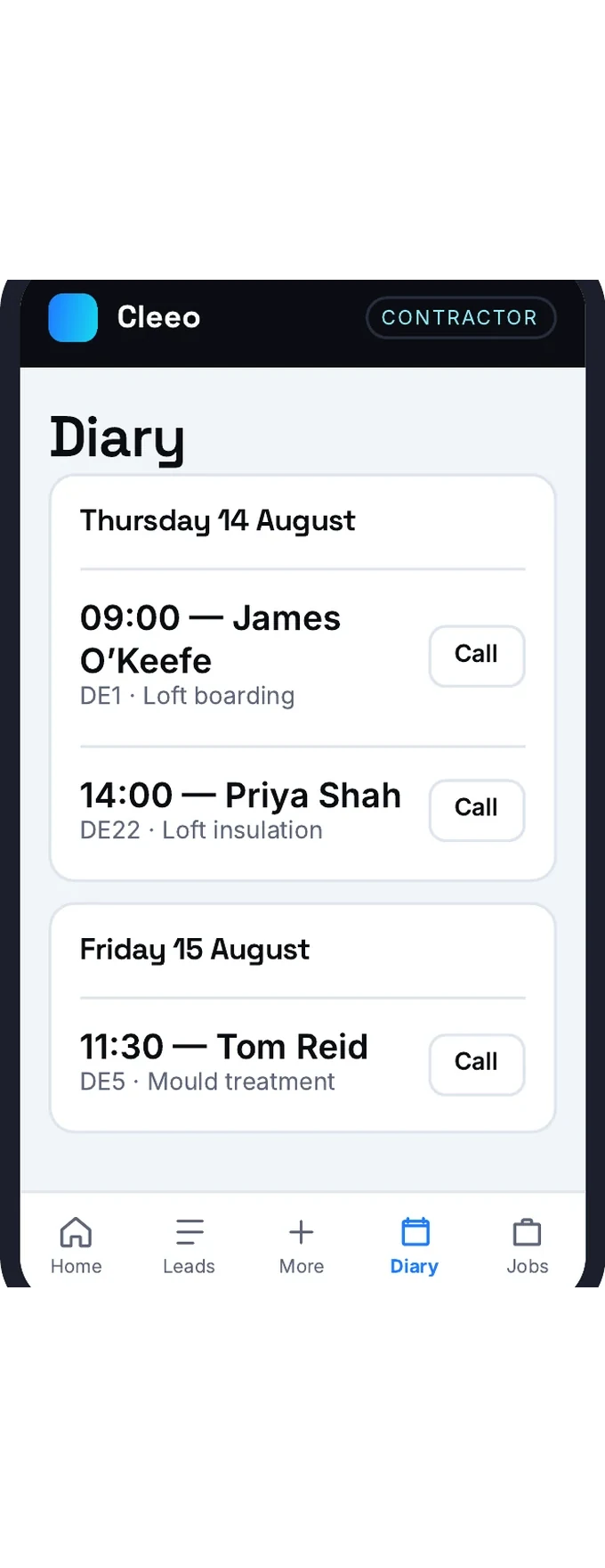 Cleeo app, diary tab — Surveys, by day