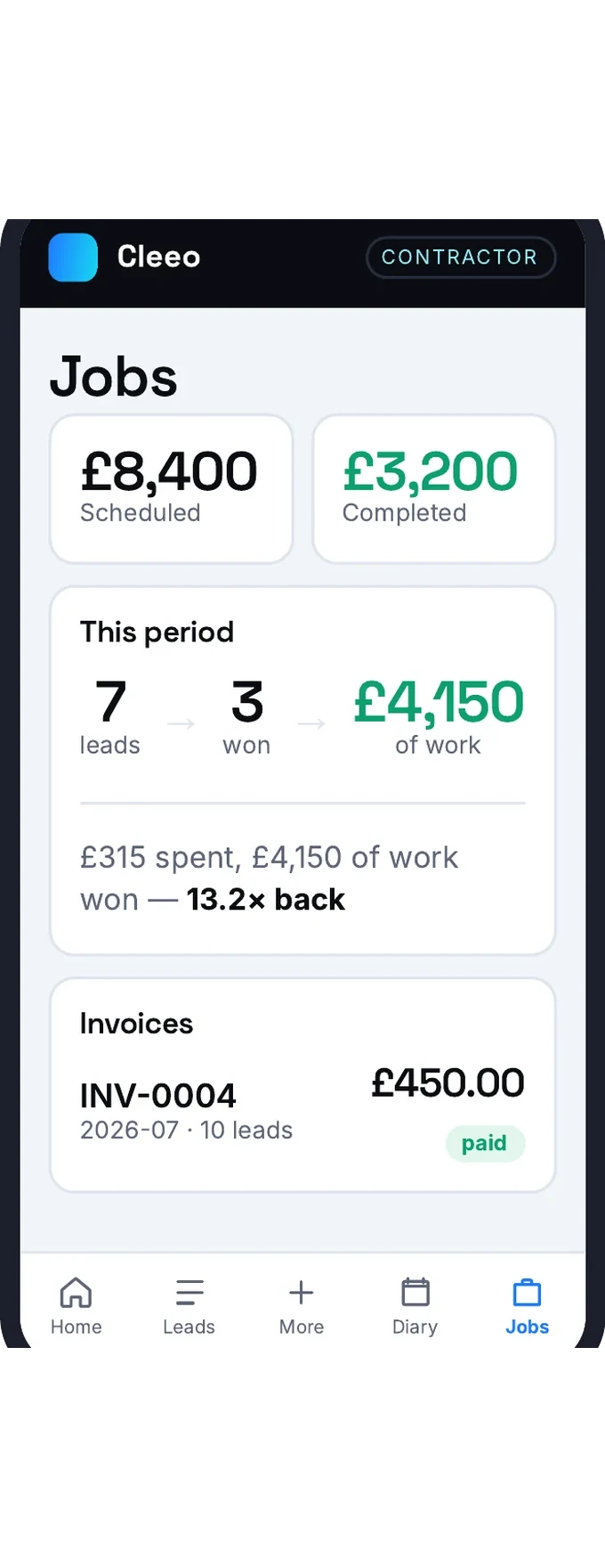 Cleeo app, jobs tab — What they won, and what it cost